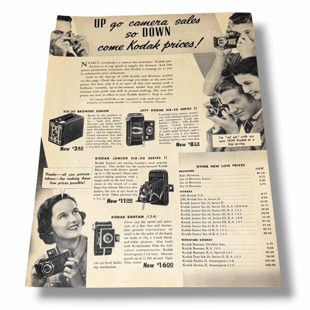 1939 Kodak Cameras Up Go Camera Sales So Down Come Kodak Prices Vintage Ad AD